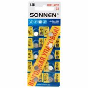 Батарейки алкалиновые «таблетка» КОМПЛЕКТ 10 шт., SONNEN Alkaline, 192A (G3, LR41), в блистере, 457134