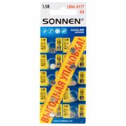 Батарейки алкалиновые «таблетка» КОМПЛЕКТ 10 шт., SONNEN Alkaline 177A (G4, LR66), в блистере, 457135