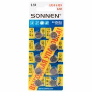 Батарейки алкалиновые «таблетка» КОМПЛЕКТ 10 шт., SONNEN Alkaline 189A (G10, LR54), в блистере, 457136