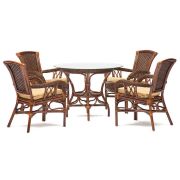 Комплект обеденный «ANDREA» ( стол со стеклом + 4 кресла + подушки) Pecan Washed (античн. орех), Ткань рубчик, цвет кремовый