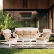 Комплект для отдыха «ANDREA» (диван + 2 кресла + журн. столик со стеклом + подушки) TCH White (белый), Ткань рубчик, цвет кремовый