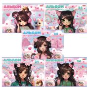 Альбом для рисования А4 24 л., скоба, обложка картон, HATBER, 205х290 мм, «Девочка-кошка», 085145, 24А4В