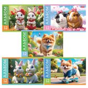 Альбом для рисования МАЛЫЙ ФОРМАТ А5 12 л., скоба, обложка картон, HTB, 205х140 мм, «Пушистые милашки» (5 видов), 091518, 12А5В