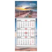 Календарь квартальный 2026 г., 1 блок, 1 гребень, бегунок, МИНИ, офсет, BRAUBERG, «Побережье», 116847