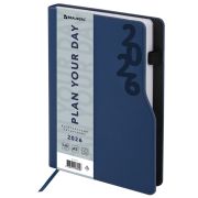 Ежедневник датированный 2026, А5, 150x213 мм, BRAUBERG «Up», под кожу, софт-тач, держатель для ручки, синий, 117118