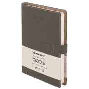 Ежедневник датированный 2026, А5, 143х218 мм, BRAUBERG «Journal», под кожу, застежка, держатель для ручки, органайзер, серый, 117381