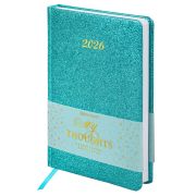 Ежедневник датированный 2026, А5, 138x213 мм, BRAUBERG «Sparkle», под кожу, блестки, бирюзовый, 117439