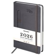Ежедневник датированный 2026, А5, 138x213 мм, BRAUBERG «Optimal», под кожу, резинка, держатель для ручки, серый, 117469