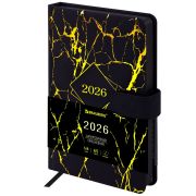 Ежедневник датированный 2026 А5 138x213 мм, BRAUBERG «Goldy», под кожу, цветной срез, черный, 117470