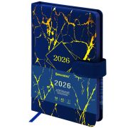Ежедневник датированный 2026 А5 138x213 мм, BRAUBERG «Goldy», под кожу, цветной срез, синий, 117472