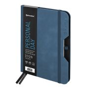 Ежедневник датированный 2026, А5, 151х213 мм, BRAUBERG «Note», под кожу, держатель для ручки, синий, 117517