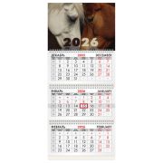 Календарь квартальный на 2026 г., 3 блока, 3 гребня, бегунок, мелованная бумага, BRAUBERG, «Лошади», 116799