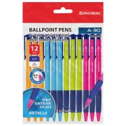 Ручки шариковые автоматические BRAUBERG A-30 COLOR MIX «WRITING 3.0», КОМПЛЕКТ 12 ШТ., СИНИЕ, узел 0,5 мм, линия 0,25 мм, 144342