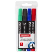 Маркеры перманентные BRAUBERG «Contract», НАБОР 4 ЦВЕТА, скошенный наконечник, 1-5 мм, 150473