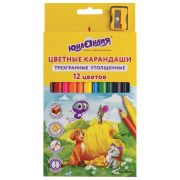 Карандаши цветные утолщенные ЮНЛАНДИЯ «СКАЗОЧНЫЙ МИР», 12 цветов + ТОЧИЛКА, трехгранные, грифель 5 мм, натуральное дерево, 181370