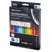 Карандаши цветные чёрное дерево BRAUBERG BLACK WOOD, 36 цветов, мягкий грифель 3 мм, 182042