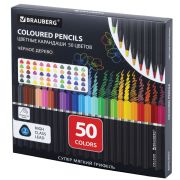 Карандаши цветные чёрное дерево BRAUBERG BLACK WOOD, 50 цветов, мягкий грифель 3 мм, 182043