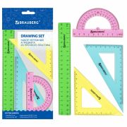 Набор чертежный средний BRAUBERG «Crystal» (линейка 20 см, 2 угольника, транспортир), цветной, 210296
