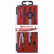 Готовальня BRAUBERG «Architect», 7 предметов: циркуль + кронциркуль с рейсфедором, рейсфедер + держатель, 2 вставки, грифель, 210346