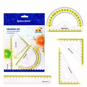 Набор чертежный малый BRAUBERG «FRESH ZONE» (линейка 15 см, 2 треугольника, транспортир), желтая шкала, 210762