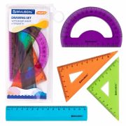 Набор чертежный малый BRAUBERG «FRUITY» (линейка 15 см, 2 треугольника, транспортир), ассорти, пенал, 210770