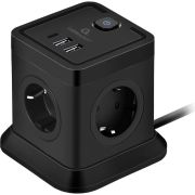 Сетевой фильтр CABLEXPERT Tower, 4 розетки, 10 А, 1 x Type-C PD, 20 Вт, 2 х USB, 2 м, черный, TWR-4-CU2-B-2