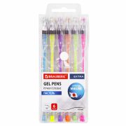 Ручки гелевые ПАСТЕЛЬ BRAUBERG «EXTRA», НАБОР 6 ЦВЕТОВ, узел 0,7 мм, линия 0,5 мм, 143910