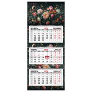 Календарь квартальный 2026 г., 3 блока, 3 гребня, бегунок, мелованная бумага, BRAUBERG PREMIUM, «Цветы», 116831