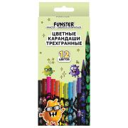 Карандаши цветные FUNSTER (ФАНСТЕР) МОНСТРИКИ, 12 цветов, черный корпус с принтом, трехгранные, 182065