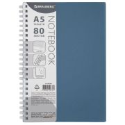Тетрадь обложка пластик, А5 80 л., гребень мягкий (силиконовый), клетка, BRAUBERG, синий, 405360
