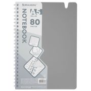 Тетрадь обложка пластик, А5 80 л., гребень мягкий, вырубка для ручки, клетка, BRAUBERG, серый, 405377