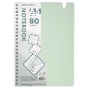 Тетрадь обложка пластик, А5 80 л., гребень мягкий, вырубка для ручки, клетка, BRAUBERG, светло-зеленый, 405378