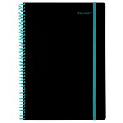 Тетрадь обложка пластик, А4 80 л., спираль пластик, резинка, клетка, BRAUBERG, черный/синий, 405381