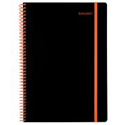 Тетрадь обложка пластик, А4 80 л., спираль пластик, резинка, клетка, BRAUBERG, черный/оранжевый, 405382