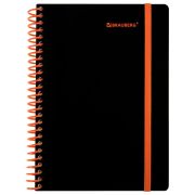 Тетрадь обложка пластик, А5 80 л., спираль пластик, резинка, клетка, BRAUBERG, черный/оранжевый, 405386
