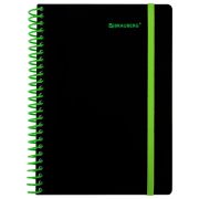 Тетрадь обложка пластик, А5 80 л., спираль пластик, резинка, клетка, BRAUBERG, черный/зеленый, 405387