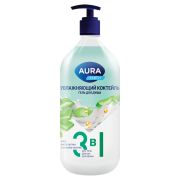 Гель для душа 3 в 1 для тела, рук и ванны 1 л, AURA FAMILY «Увлажняющий коктейль», дозатор, 14953