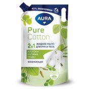 Мыло жидкое 2 в 1 для рук и тела 850 мл, AURA Pure Cotton «Хлопок и луговые травы», дой-пак, 12833