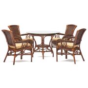 Комплект обеденный «ANDREA» ( стол со стеклом + 4 кресла + подушки) Pecan Washed (античн. орех), Ткань рубчик, цвет кремовый