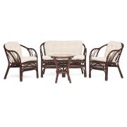 КОМПЛЕКТ « NEW BOGOTA » ( диван + 2 кресла + стол со стеклом ) /с подушками/ ротанг, кр:61х67х78,5см, дв:108х66х78,5см, ст:D60х56,5см, walnut (грецкий орех)