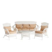 Комплект для отдыха «ANDREA» (диван + 2 кресла + журн. столик со стеклом + подушки) TCH White (белый), Ткань рубчик, цвет кремовый