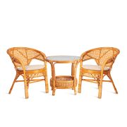 ТЕРРАСНЫЙ КОМПЛЕКТ «PELANGI» (стол со стеклом + 2 кресла) / с подушками / ротанг, кресло 65х65х77см, стол диаметр 64х61см, Honey (мед)
