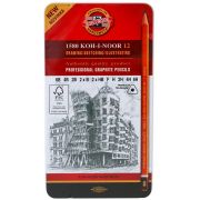 Карандаши чернографитные KOH-I-NOOR, НАБОР 12 шт., «Art» 6B-6H, без резинки, металлическая коробка, 1582012001PL