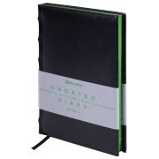Ежедневник недатированный А5 138х213 мм BRAUBERG «FLAME», под кожу, 160 л., черный, зеленый срез, 113428