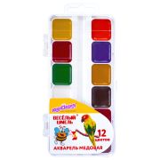 Краски акварельные ЮНЛАНДИЯ «ВЕСЁЛЫЙ ШМЕЛЬ», медовые, 12 цветов, квадратные кюветы, пластик, 192362