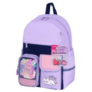 Рюкзак BRAUBERG PASTEL с термонашивками в комплекте, «Lazy cat», сиреневый, 40х29х14 см, 271422