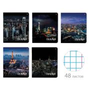 Тетрадь А5 48 л. АЛЬТ скоба, клетка, глянцевый лак, «Ночные города» (5 видов), 7-48-727