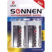 Батарейки КОМПЛЕКТ 2 шт, SONNEN Alkaline, D (LR20, 13А), алкалиновые, в блистере, 451091